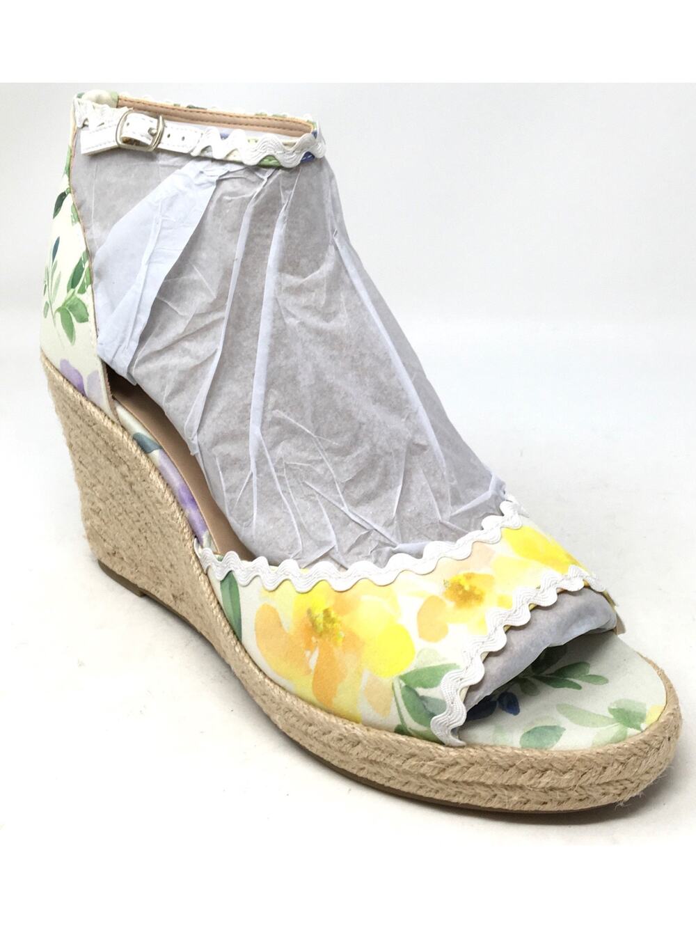 Bandolino Kendri7 Women's Sz 10M Yellow Floral Espadrille Peep Toe Wedge Sandals